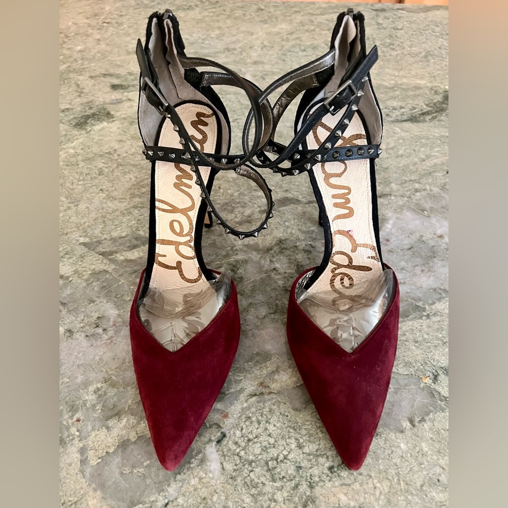 Sam Edelman Wine Suede Crisscross Silver Stud Strap Stilettos Size 9.5 or EU 41